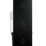Črn tuš panel SIKO s 4 funkcijami, vključno z nadglavno in ročno tuši, slapom in masažnimi šobami.