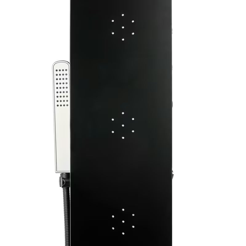 Črn tuš panel SIKO s 4 funkcijami, vključno z nadglavno in ročno tuši, slapom in masažnimi šobami.