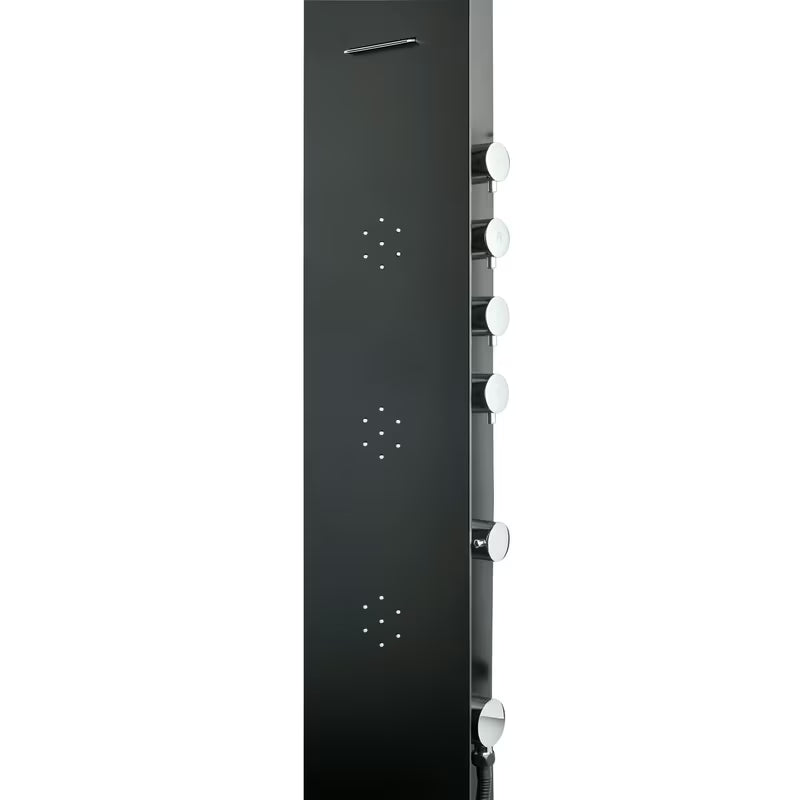 Črn tuš panel SIKO s 4 funkcijami, vključno z nadglavno in ročno tuši, slapom in masažnimi šobami.