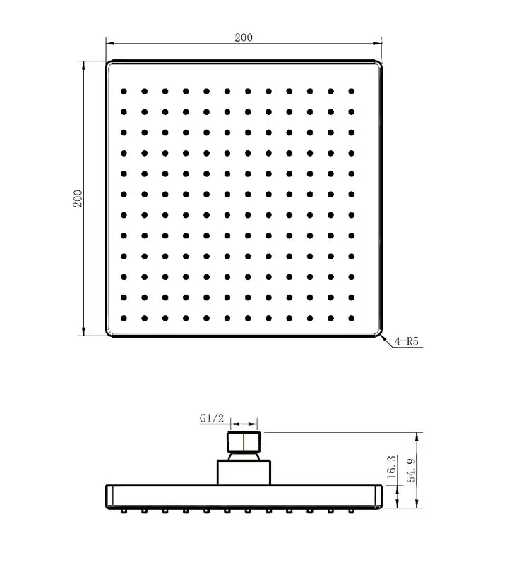 Kvadratna nadglavna prha SIKO Chrome 20x20 cm v celokrom izvedbi, siva/krom