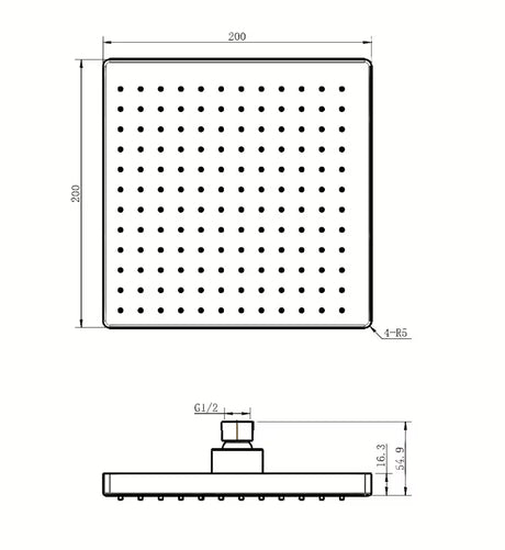 Kvadratna nadglavna prha SIKO Chrome 20x20 cm v celokrom izvedbi, siva/krom