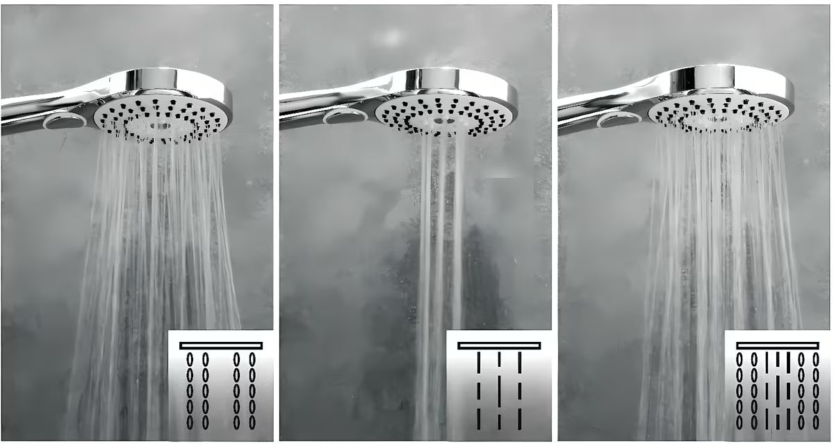 Kromirana ručna tuš slušalica SIKO zaobljenog dizajna, promjera 115 mm, s prebacivanjem 3 mlaza tipkom.