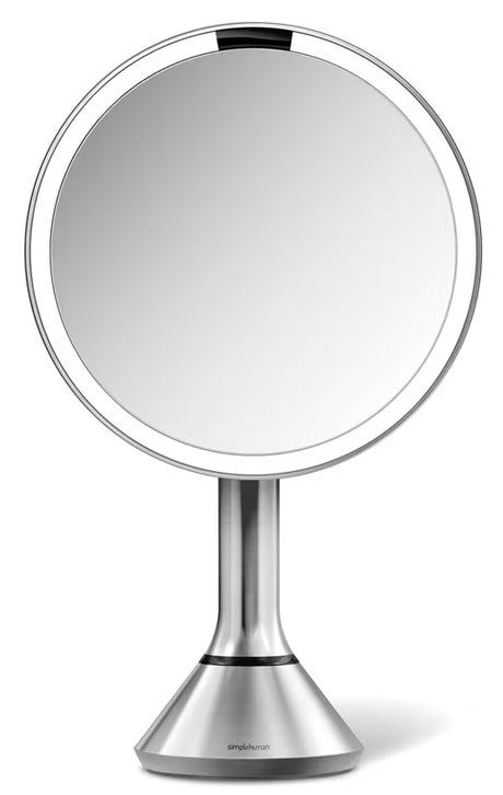 Kozmetično ogledalo Simplehuman Dual Touch iz krtačenega nerjavečega jekla s Tru-lux LED osvetlitvijo in 5-kratno povečavo.