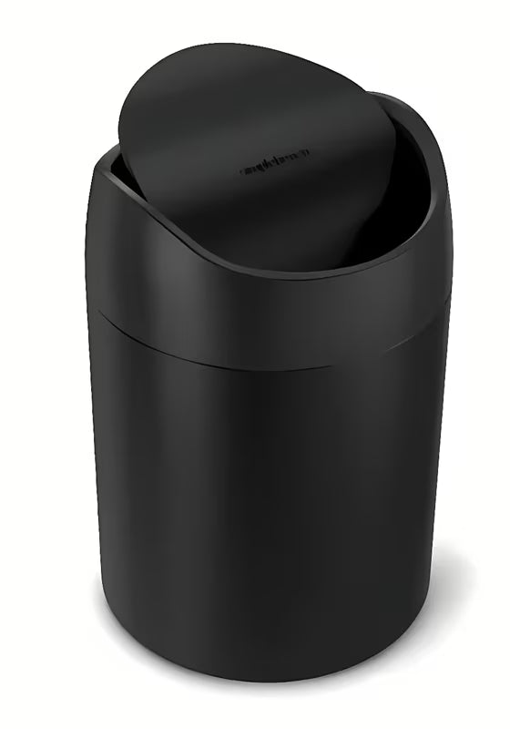 Črn namizni koš za smeti Simplehuman Mini s preklopnim pokrovom in prostornino 1,5 l.