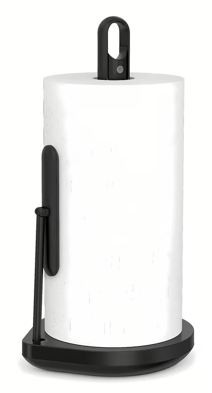 Črn dispenser za papirnate brisače Simplehuman s sredinsko ročno črpalko za čistilo.
