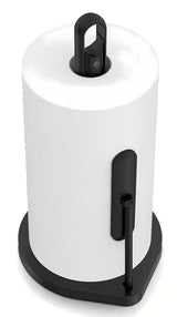 Črn dispenser za papirnate brisače Simplehuman s sredinsko ročno črpalko za čistilo.