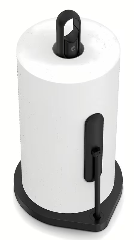 Črn dispenser za papirnate brisače Simplehuman s sredinsko ročno črpalko za čistilo.
