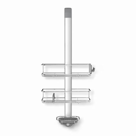 Tuš polica Simplehuman Shower caddy iz nerjavnih materialov z nastavljivimi policami in priseski pro za stabilno pritrditev.