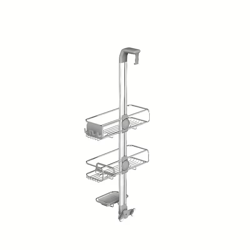 Tuš polica Simplehuman Shower caddy iz nerjavnih materialov z nastavljivimi policami in priseski pro za stabilno pritrditev.