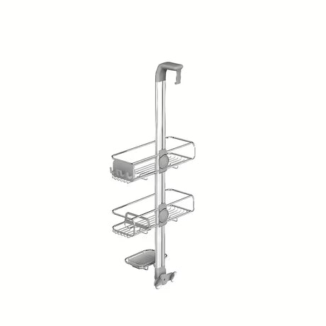 Tuš polica Simplehuman Shower caddy iz nerjavnih materialov z nastavljivimi policami in priseski pro za stabilno pritrditev.
