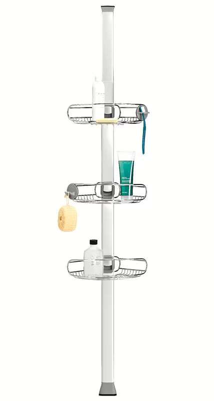 Nastavljiv tuš palica Simplehuman Shower caddy z žičnatimi policami kotna  v izvedbi iz nerjavnega jekla.