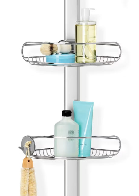 Nastavljiv tuš palica Simplehuman Shower caddy z žičnatimi policami kotna  v izvedbi iz nerjavnega jekla.