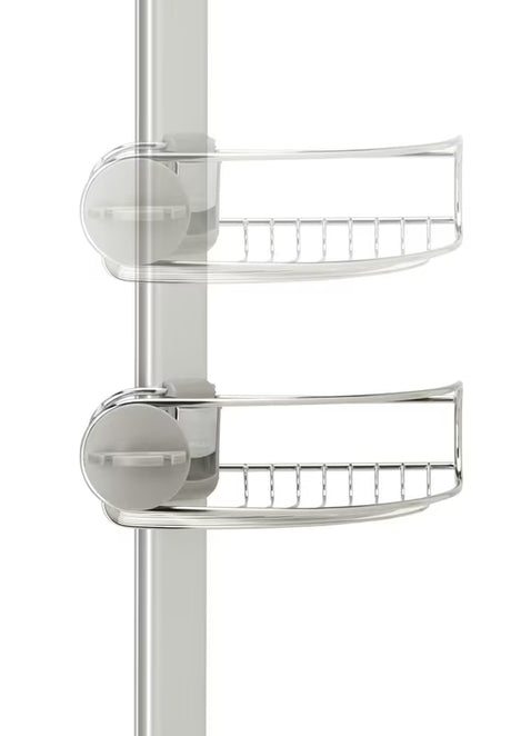 Nastavljiv tuš palica Simplehuman Shower caddy z žičnatimi policami kotna  v izvedbi iz nerjavnega jekla.