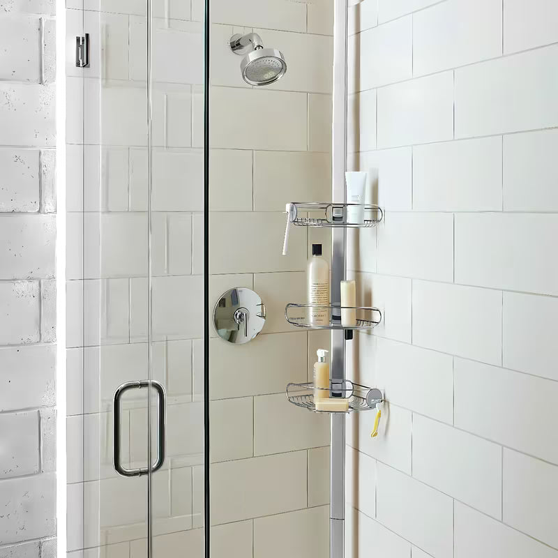 Nastavljiv tuš palica Simplehuman Shower caddy z žičnatimi policami kotna  v izvedbi iz nerjavnega jekla.