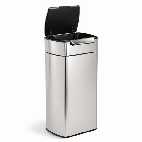 Senzorski koš za smeti Simplehuman Touch-bar bin v mat izvedbi iz nerjavnega jekla z ozkim ohišjem.