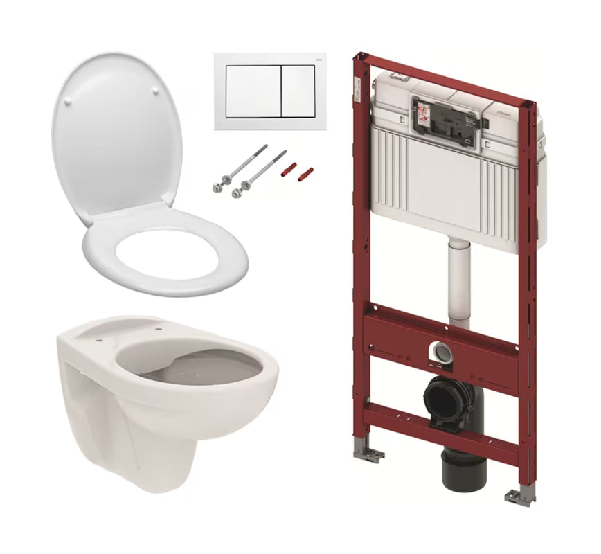 Akcijski viseči WC set TECE 5v1 s podometnim splakovalnikom, belim tipkalom TECEbase, rimless WC školjka in sedežem mehko Zapiranje Soft Close