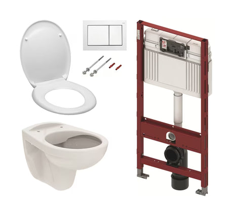 Akcijski viseči WC set TECE 5v1 s podometnim splakovalnikom, belim tipkalom TECEbase, rimless WC školjka in sedežem mehko Zapiranje Soft Close