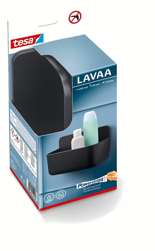 Črna tuš polica Tesa Lavaa brez vrtanja z lepilnim sistemom tesa Powerstrips Waterproof