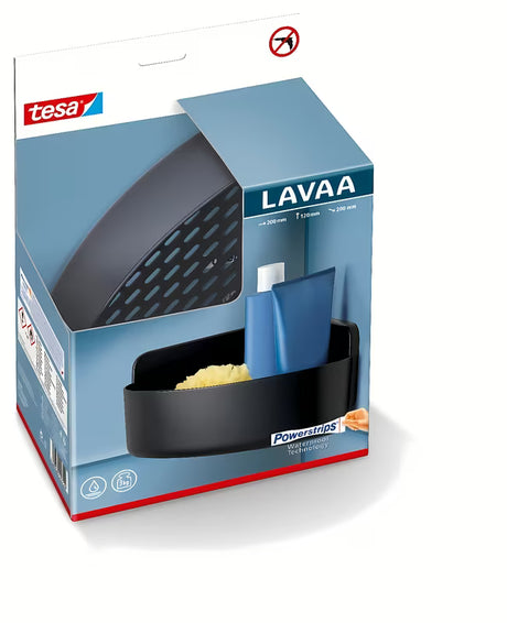 Kotna tuš polica Tesa v mat črni barvi z montažo brez vrtanja s sistemom Powerstrips Waterproof.