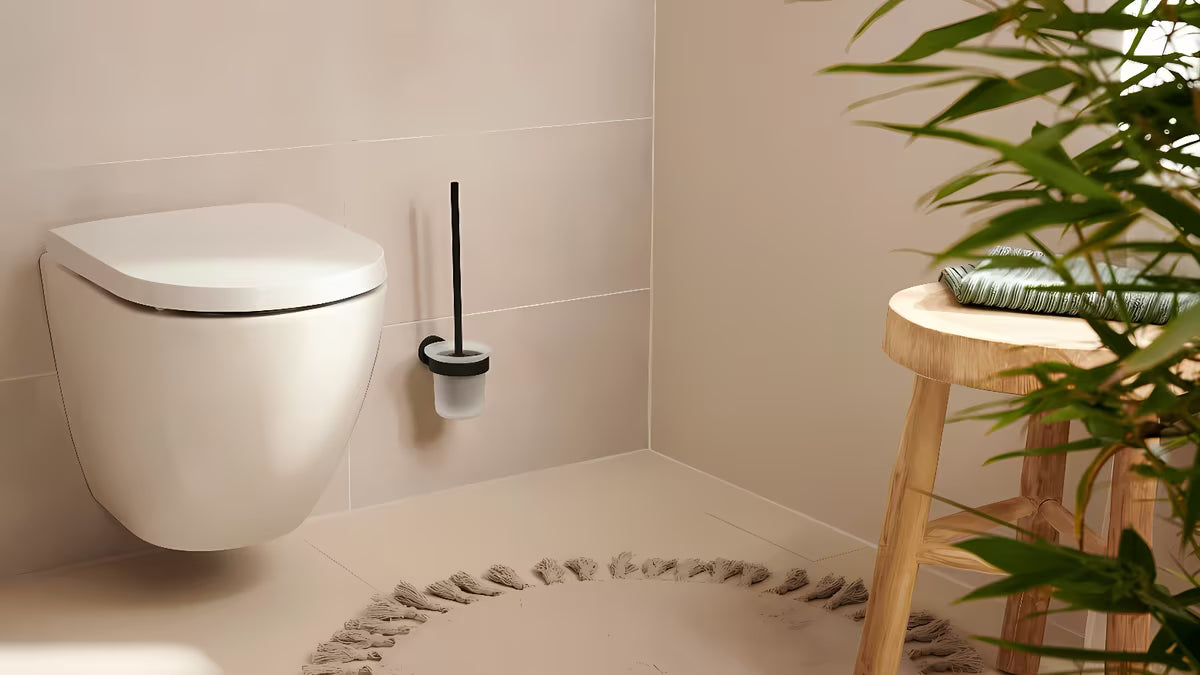 Bronasta WC ščetka Tesa z držalom za na steno in odstranljivo stekleno posodico
