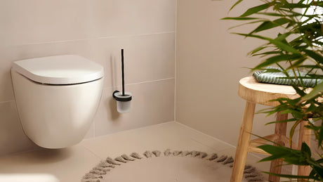 Bronasta WC ščetka Tesa z držalom za na steno in odstranljivo stekleno posodico