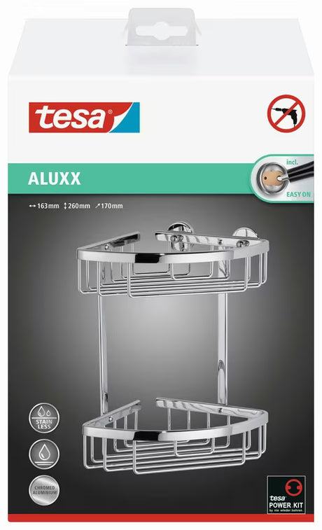 Kromiran kotni žični koš Tesa Aluxx za tuši z montažo brez vrtanja tesa Power.Kit.