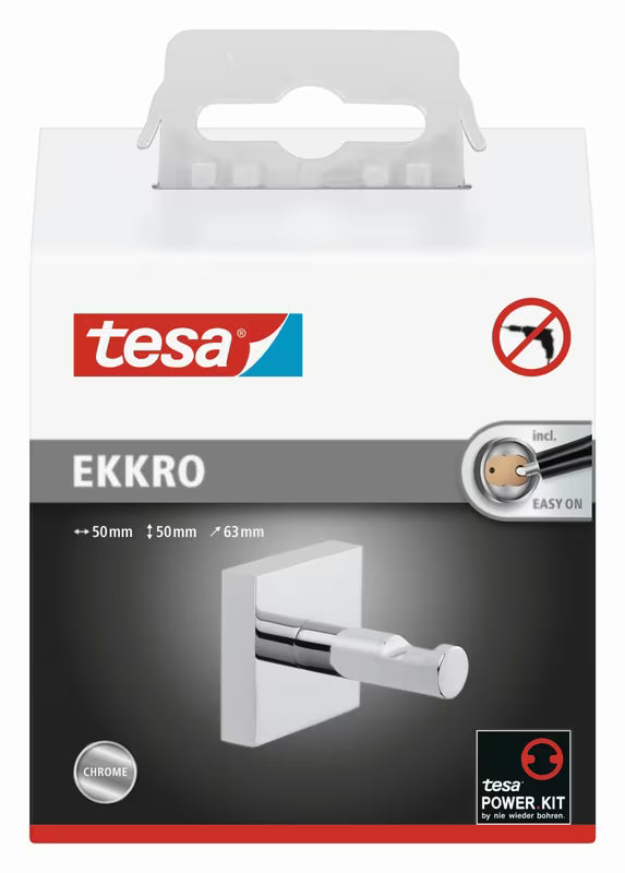 Kromiran kvadraten kavelj Tesa Ekkro za brisačo z montažo brez vrtanja s tehnologijo Power.Kit