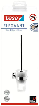 Kromirana stenska WC ščetka Tesa Elegaant z matirano stekleno posodico in montažo brez vrtanja.
