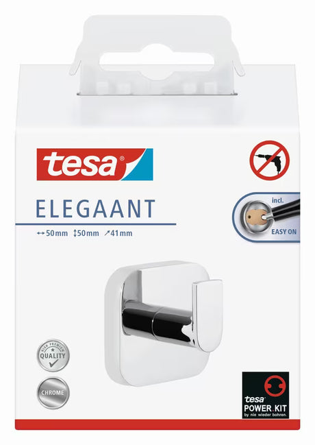 Stenski kavelj Tesa Elegaant v sijaj krom izvedbi z zaobljenimi robovi pro za obešanje brisač in kopalnih plaščev.