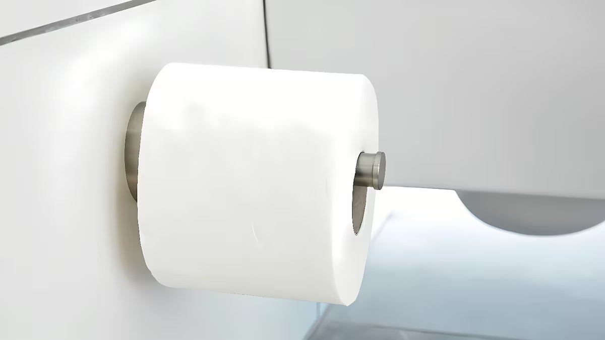 Držalo za toaletni Papir Tesa Moon v videzu brušenega jekla z montažo brez vrtanja Power.Kit.