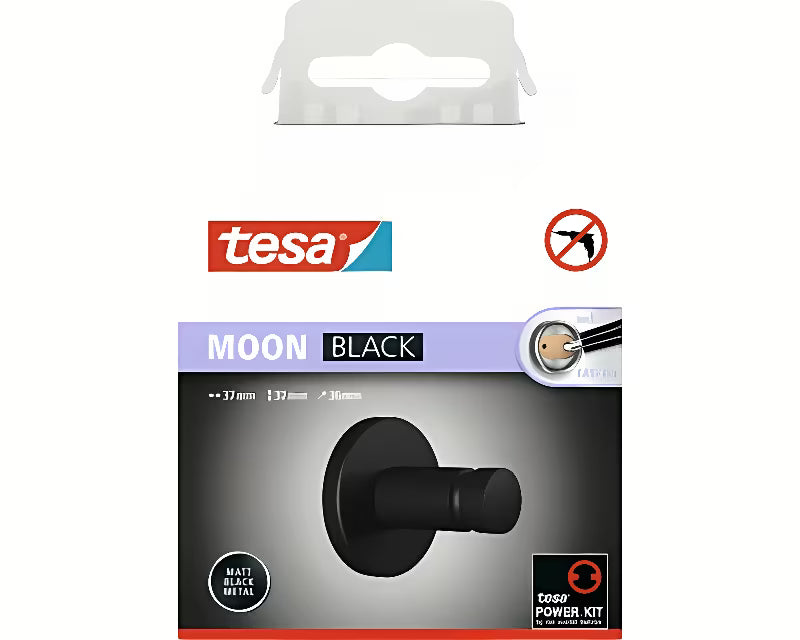 Mat črn kavelj za brisače Tesa Moon Black z lepilno montažo Tesa Power.Kit brez vrtanja
