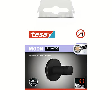 Mat črn kavelj za brisače Tesa Moon Black z lepilno montažo Tesa Power.Kit brez vrtanja
