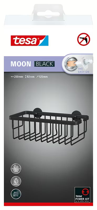 Mat črn koš za prho Tesa Moon Black z montažo brez vrtanja z lepilno tehnologijo tesa Power.Kit.