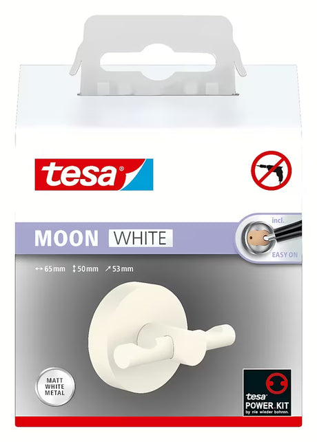 Mat belo kopalniško kavelj Tesa Moon Black pro za obešanje kopalnega plašča z montažo brez vrtanja