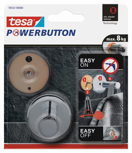 Kromiran kavelj Tesa powerbutton pro za montažo brez vrtanja na gladke površine v kopalnici in kuhinji.