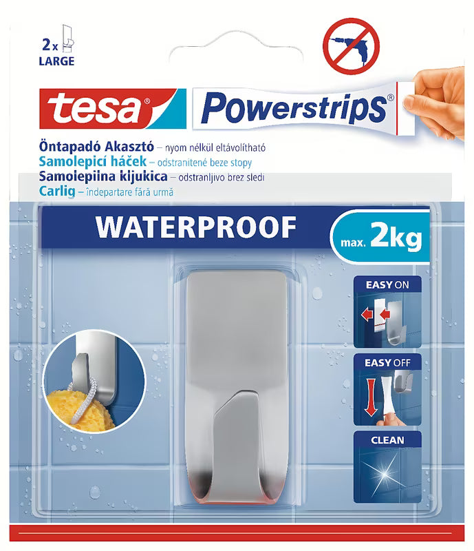 Vodoodporen nerjaveči kavelj Tesa Powerstrips pro za obešanje brisač in dodatkov brez vrtanja.