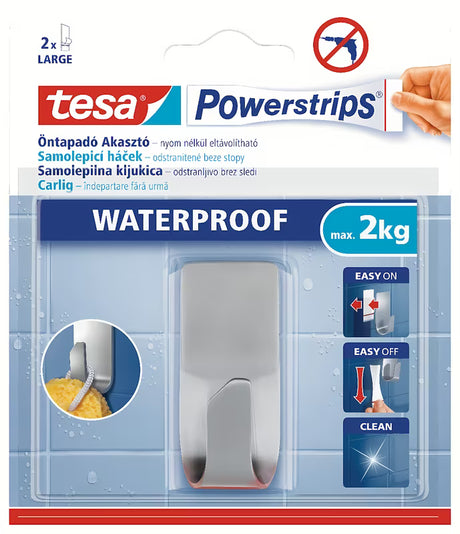 Vodoodporen nerjaveči kavelj Tesa Powerstrips pro za obešanje brisač in dodatkov brez vrtanja.