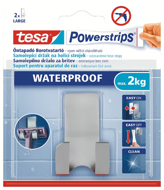 Tesa Powerstrips vodootporni nehrđajući dvojni kavelj pro za vješanje brijača bez bušenja.