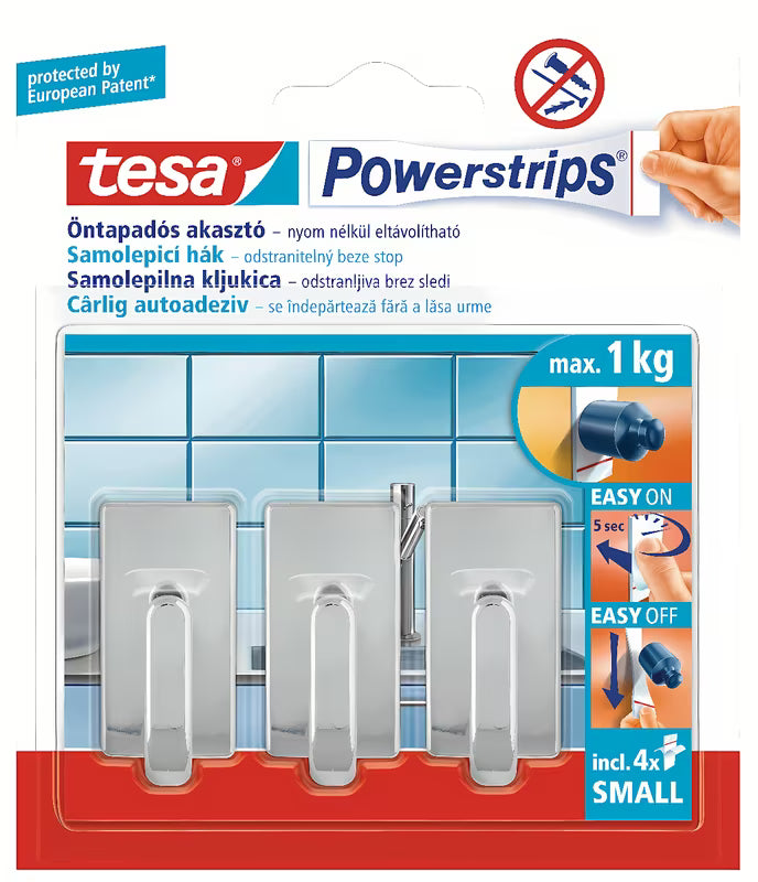 Kromirani kavelj Tesa Powerstrips pro s pričvršćivanjem bez bušenja na glatke čvrste površine.