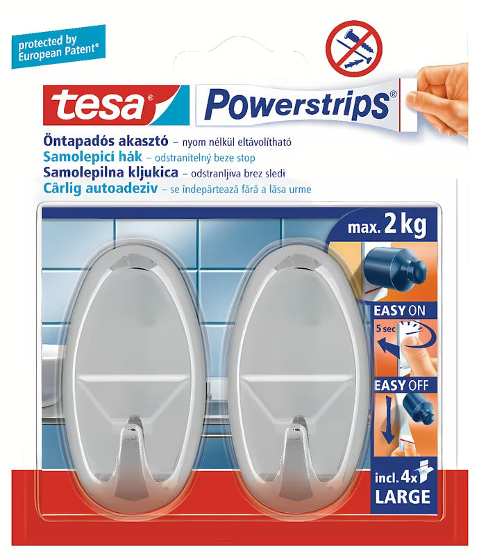 Velike samoljepljive kukice Tesa Powerstrips u krom izgledu pro montaža bez bušenja