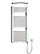 Bijeli električni cijevni radiator Thermal Trend KDOE 450x960 mm s grijaćim štapom i kabelom za utičnicu.