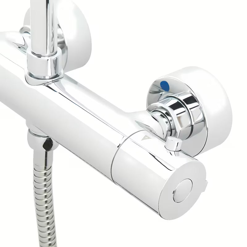 Tušni sistem Tres Base Plus s termostatsko armaturo v izvedbi chrome z nadglavno in ročno prho.