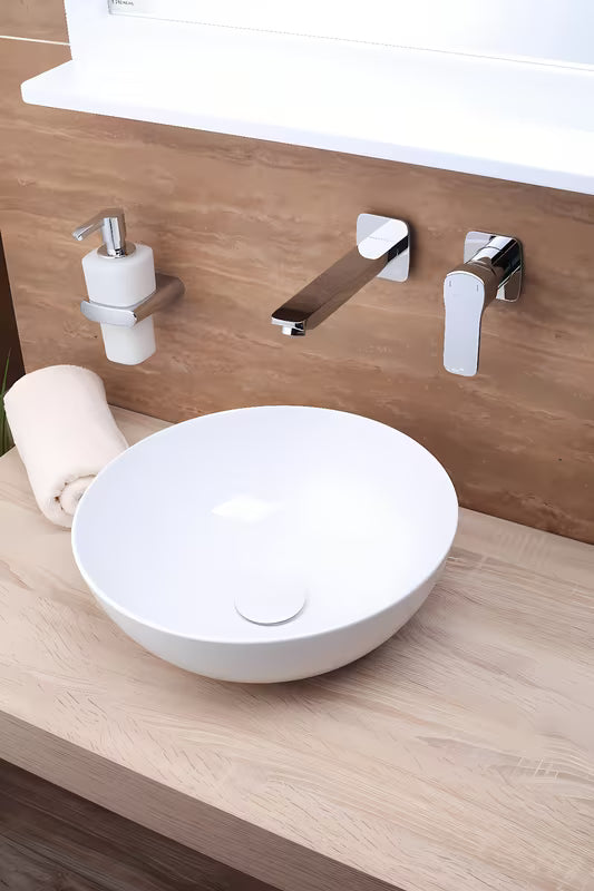 Beli umivalnik na ploščo Triomini Slim 38,5 x 38,5 cm iz tankostenske keramike