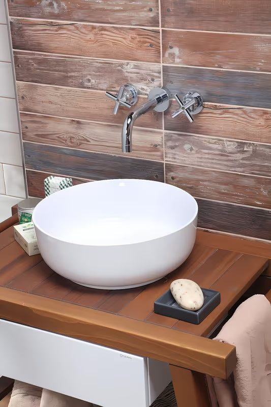 Bijeli umivalnik na ploščo SIKO Triomini Slim od tanke keramike 38,5x38,5 cm brez preliva