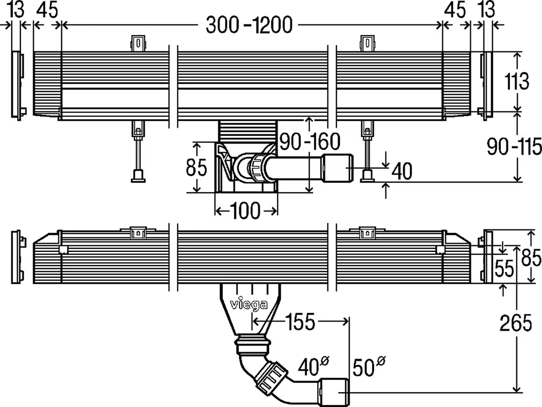 Crni kanaleta za tuš Viega Advantix Vario s uskim odvodnim prorezom i podesivom duljinom 30–120 cm.