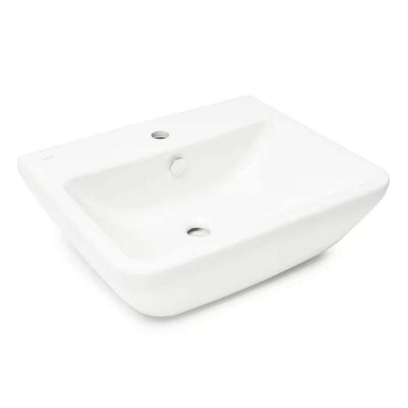 Beli viseče keramični umivalnik vitra Integra 55x45 cm z odprtino pro za armaturo na sredini in prelivom.