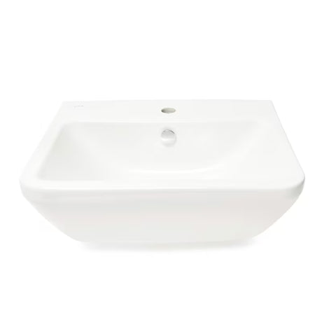 Beli viseče keramični umivalnik vitra Integra 55x45 cm z odprtino pro za armaturo na sredini in prelivom.