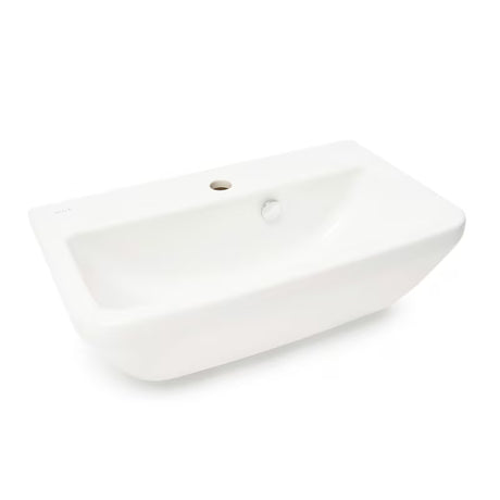 Beli viseči umivalnik Vitra Integra 60x36 cm iz keramike z odprtino pro za armaturo na sredini in prelivom.