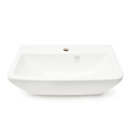 Beli viseči umivalnik Vitra Integra 60x36 cm iz keramike z odprtino pro za armaturo na sredini in prelivom.