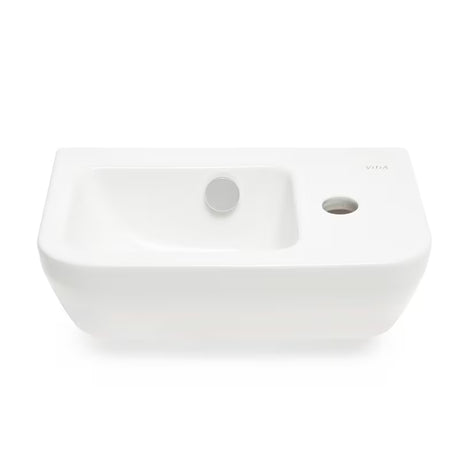 Bel keramični umivalnik Vitra Integra 37x22 cm s prelivom in odprtino pro za armaturo desno